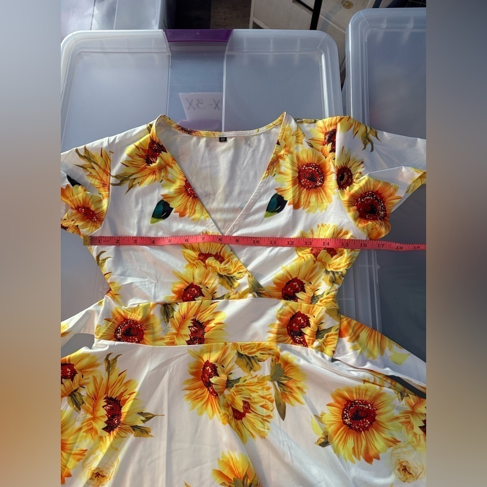 Women’s Empire Waist Flared Deep V Neck Wrap Crossover Top with Sunflowers - Picture 3 of 5